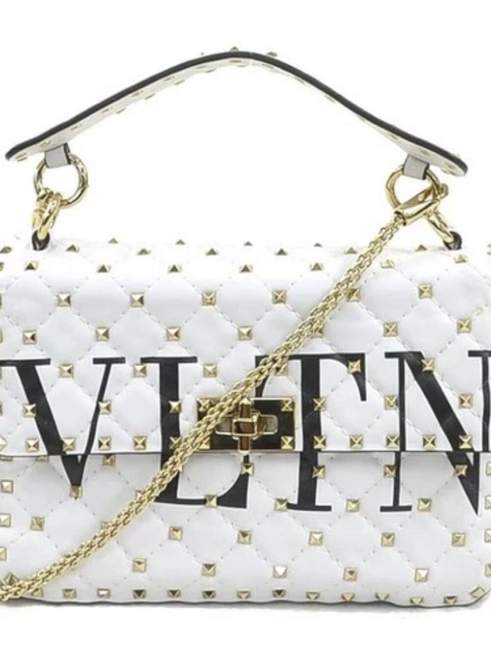 Auth Valentino Garavani Rockstud Handbag Shoulder Bag White/Gold Leather h32417a